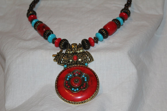 Authentic Handmade Beaded Necklace Red w/ Flower Center