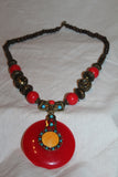 Authentic Handmade Beaded Necklace Red with Orange Centerpiece