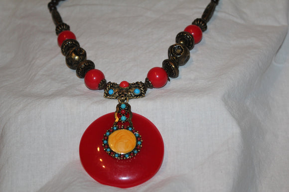 Authentic Handmade Beaded Necklace Red with Orange Centerpiece