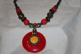 Authentic Handmade Beaded Necklace Red with Orange Centerpiece